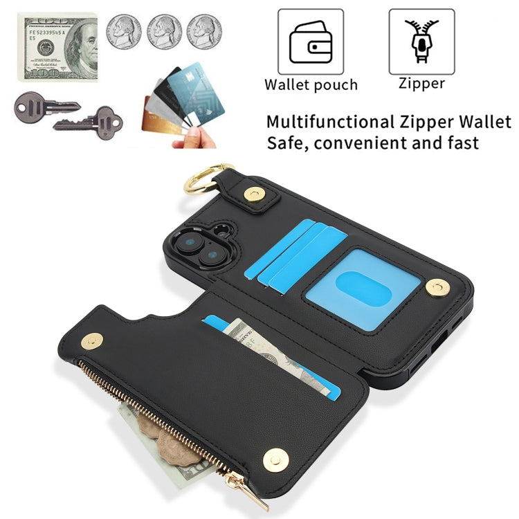 For iPhone 16 Plus RFlD Anti-theft Double Buckle Ring Zipper Card Phone Case(Black) - iPhone 16 Plus Cases by buy2fix | Online Shopping UK | buy2fix
