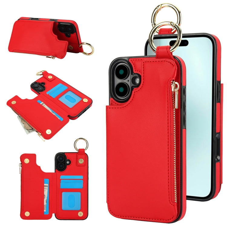 For iPhone 16 Plus RFlD Anti-theft Double Buckle Ring Zipper Card Phone Case(Red) - iPhone 16 Plus Cases by buy2fix | Online Shopping UK | buy2fix