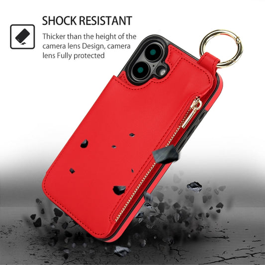 For iPhone 16 Plus RFlD Anti-theft Double Buckle Ring Zipper Card Phone Case(Red) - iPhone 16 Plus Cases by buy2fix | Online Shopping UK | buy2fix