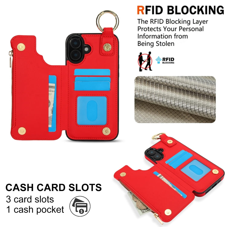 For iPhone 16 Plus RFlD Anti-theft Double Buckle Ring Zipper Card Phone Case(Red) - iPhone 16 Plus Cases by buy2fix | Online Shopping UK | buy2fix