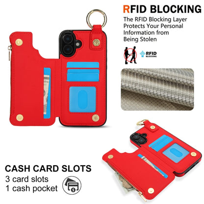For iPhone 16 Plus RFlD Anti-theft Double Buckle Ring Zipper Card Phone Case(Red) - iPhone 16 Plus Cases by buy2fix | Online Shopping UK | buy2fix
