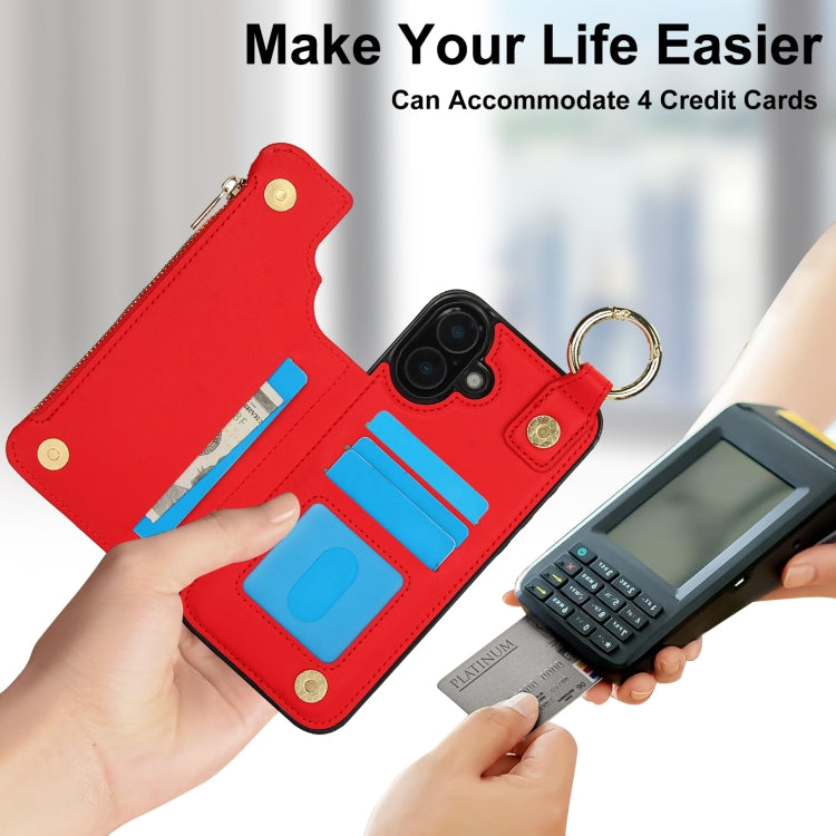 For iPhone 16 Plus RFlD Anti-theft Double Buckle Ring Zipper Card Phone Case(Red) - iPhone 16 Plus Cases by buy2fix | Online Shopping UK | buy2fix