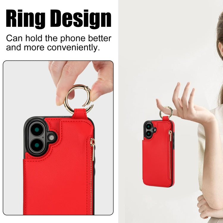 For iPhone 16 Plus RFlD Anti-theft Double Buckle Ring Zipper Card Phone Case(Red) - iPhone 16 Plus Cases by buy2fix | Online Shopping UK | buy2fix