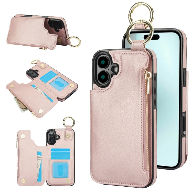 For iPhone 16 Plus RFlD Anti-theft Double Buckle Ring Zipper Card Phone Case(Rose Gold) - iPhone 16 Plus Cases by buy2fix | Online Shopping UK | buy2fix