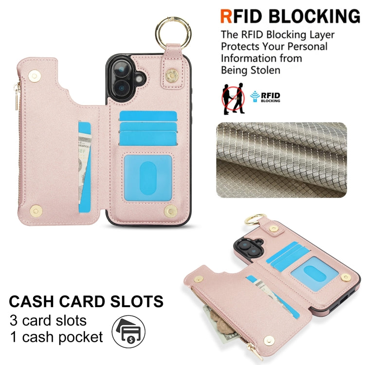 For iPhone 16 Plus RFlD Anti-theft Double Buckle Ring Zipper Card Phone Case(Rose Gold) - iPhone 16 Plus Cases by buy2fix | Online Shopping UK | buy2fix