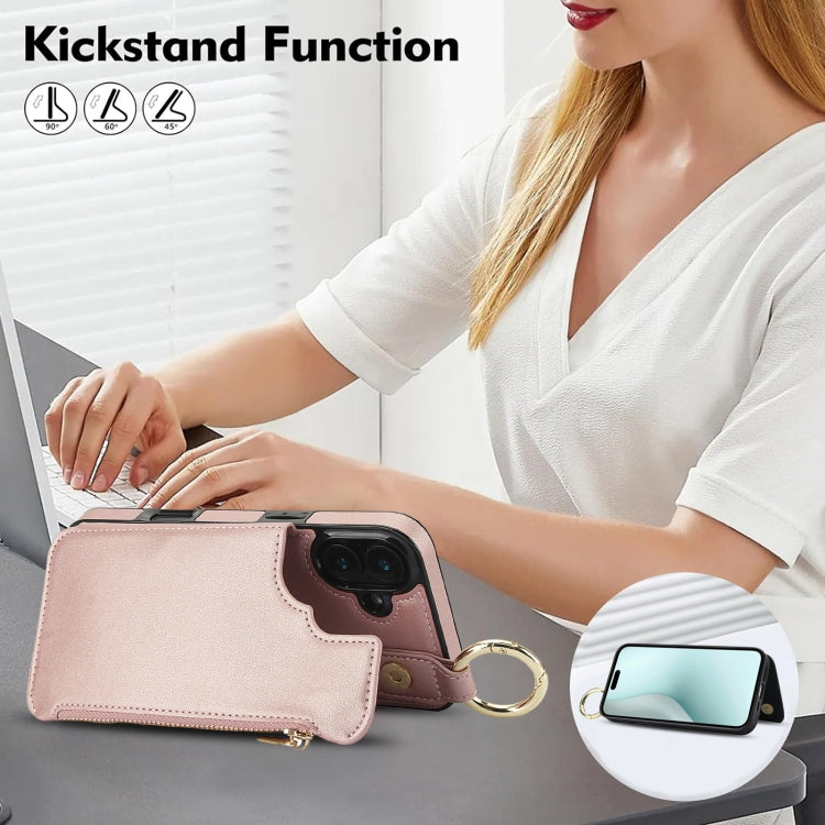 For iPhone 16 Plus RFlD Anti-theft Double Buckle Ring Zipper Card Phone Case(Rose Gold) - iPhone 16 Plus Cases by buy2fix | Online Shopping UK | buy2fix