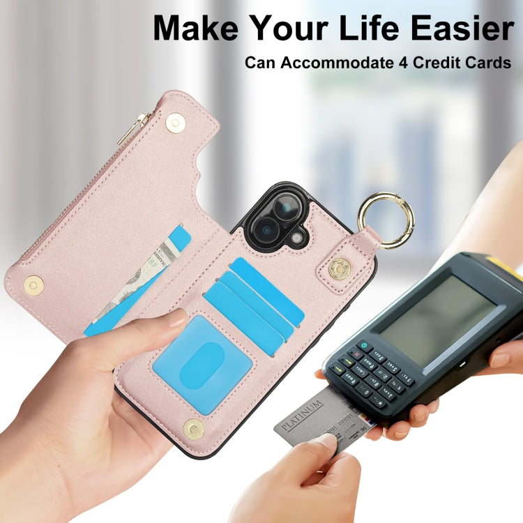 For iPhone 16 Plus RFlD Anti-theft Double Buckle Ring Zipper Card Phone Case(Rose Gold) - iPhone 16 Plus Cases by buy2fix | Online Shopping UK | buy2fix