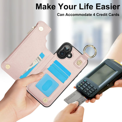 For iPhone 16 Plus RFlD Anti-theft Double Buckle Ring Zipper Card Phone Case(Rose Gold) - iPhone 16 Plus Cases by buy2fix | Online Shopping UK | buy2fix