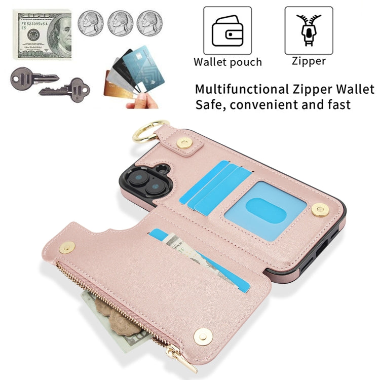 For iPhone 16 Plus RFlD Anti-theft Double Buckle Ring Zipper Card Phone Case(Rose Gold) - iPhone 16 Plus Cases by buy2fix | Online Shopping UK | buy2fix