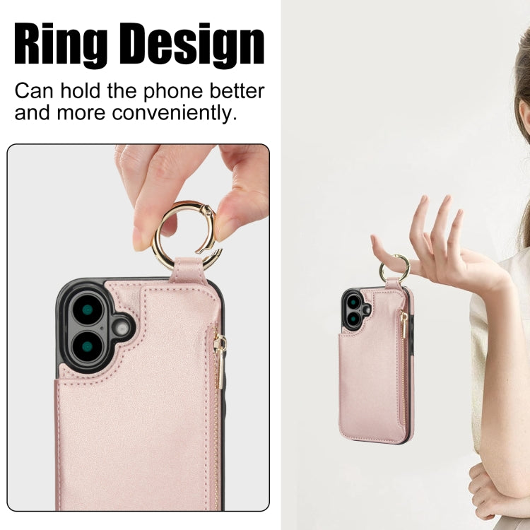 For iPhone 16 Plus RFlD Anti-theft Double Buckle Ring Zipper Card Phone Case(Rose Gold) - iPhone 16 Plus Cases by buy2fix | Online Shopping UK | buy2fix