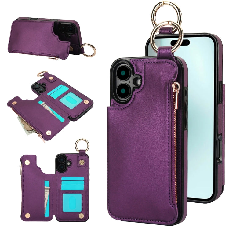 For iPhone 16 Plus RFlD Anti-theft Double Buckle Ring Zipper Card Phone Case(Dark Purple) - iPhone 16 Plus Cases by buy2fix | Online Shopping UK | buy2fix