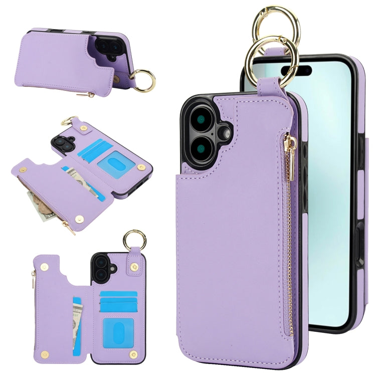 For iPhone 16 Plus RFlD Anti-theft Double Buckle Ring Zipper Card Phone Case(Purple) - iPhone 16 Plus Cases by buy2fix | Online Shopping UK | buy2fix