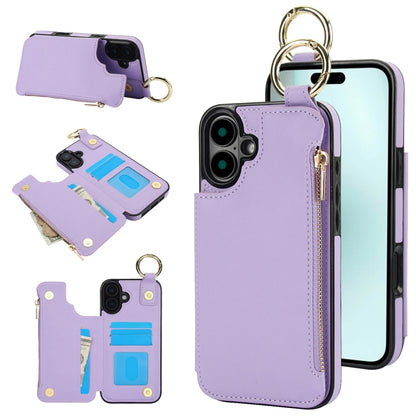 For iPhone 16 Plus RFlD Anti-theft Double Buckle Ring Zipper Card Phone Case(Purple) - iPhone 16 Plus Cases by buy2fix | Online Shopping UK | buy2fix