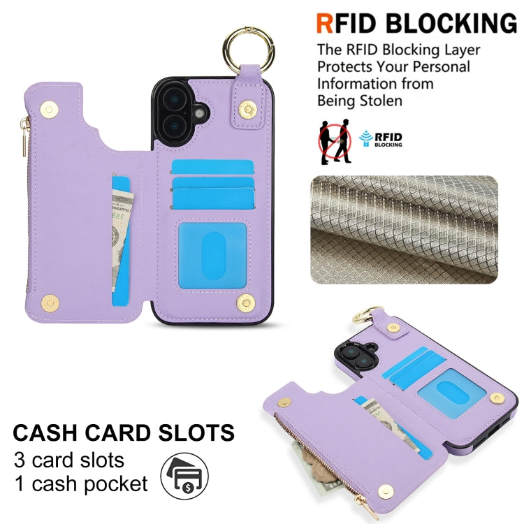 For iPhone 16 Plus RFlD Anti-theft Double Buckle Ring Zipper Card Phone Case(Purple) - iPhone 16 Plus Cases by buy2fix | Online Shopping UK | buy2fix