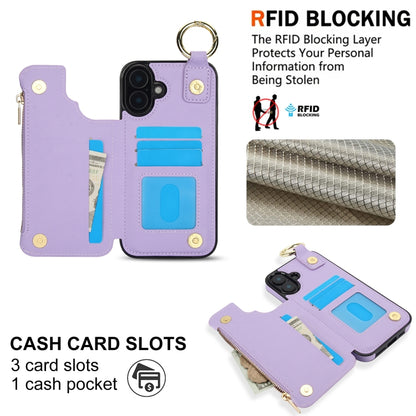 For iPhone 16 Plus RFlD Anti-theft Double Buckle Ring Zipper Card Phone Case(Purple) - iPhone 16 Plus Cases by buy2fix | Online Shopping UK | buy2fix