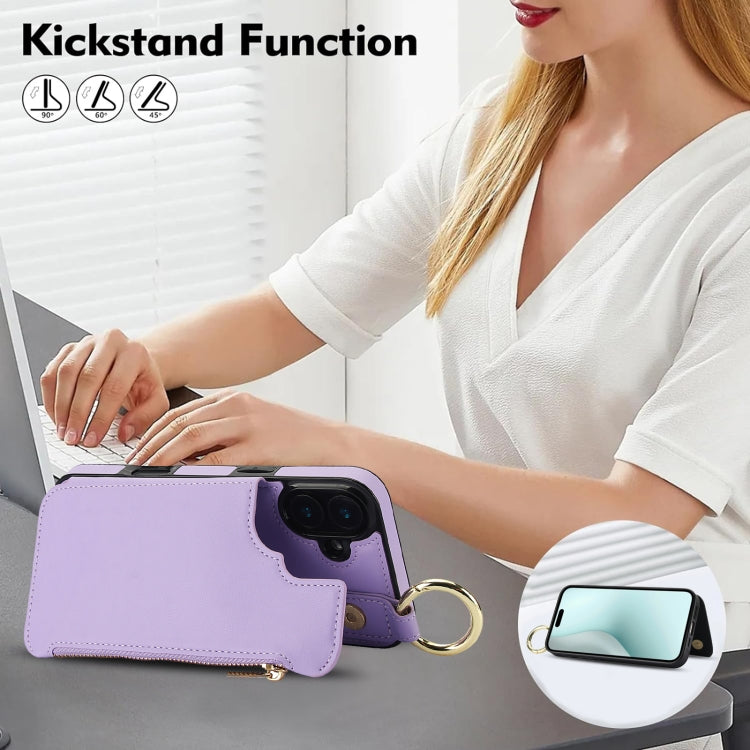 For iPhone 16 Plus RFlD Anti-theft Double Buckle Ring Zipper Card Phone Case(Purple) - iPhone 16 Plus Cases by buy2fix | Online Shopping UK | buy2fix