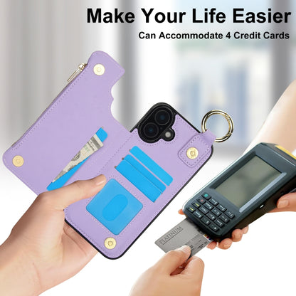 For iPhone 16 Plus RFlD Anti-theft Double Buckle Ring Zipper Card Phone Case(Purple) - iPhone 16 Plus Cases by buy2fix | Online Shopping UK | buy2fix