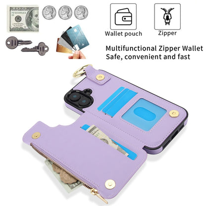 For iPhone 16 Plus RFlD Anti-theft Double Buckle Ring Zipper Card Phone Case(Purple) - iPhone 16 Plus Cases by buy2fix | Online Shopping UK | buy2fix