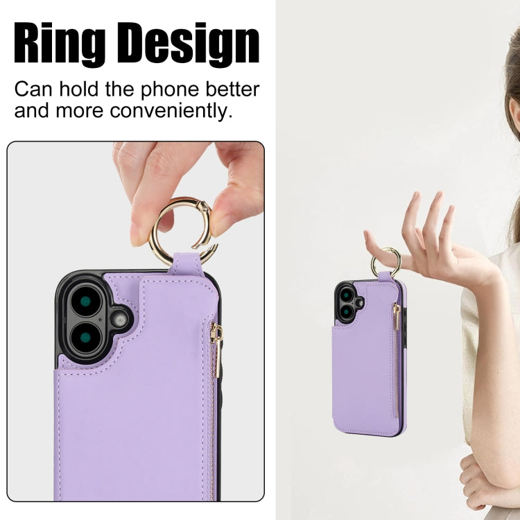 For iPhone 16 Plus RFlD Anti-theft Double Buckle Ring Zipper Card Phone Case(Purple) - iPhone 16 Plus Cases by buy2fix | Online Shopping UK | buy2fix