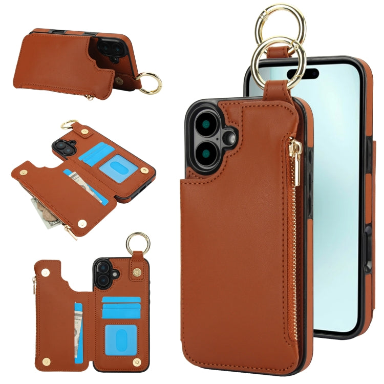 For iPhone 16 Plus RFlD Anti-theft Double Buckle Ring Zipper Card Phone Case(Brown) - iPhone 16 Plus Cases by buy2fix | Online Shopping UK | buy2fix