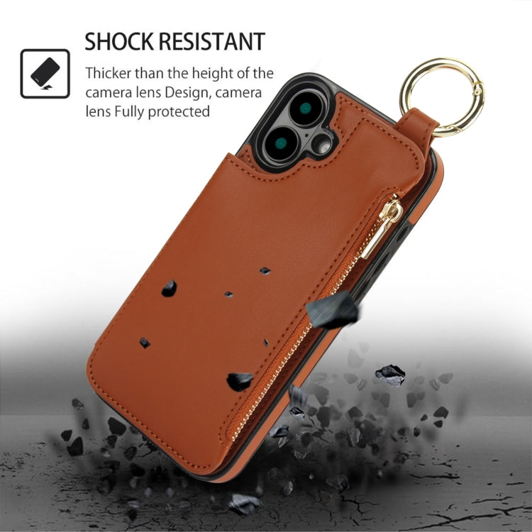 For iPhone 16 Plus RFlD Anti-theft Double Buckle Ring Zipper Card Phone Case(Brown) - iPhone 16 Plus Cases by buy2fix | Online Shopping UK | buy2fix