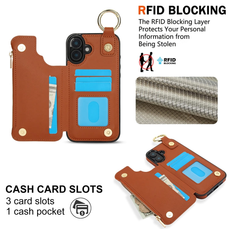 For iPhone 16 Plus RFlD Anti-theft Double Buckle Ring Zipper Card Phone Case(Brown) - iPhone 16 Plus Cases by buy2fix | Online Shopping UK | buy2fix