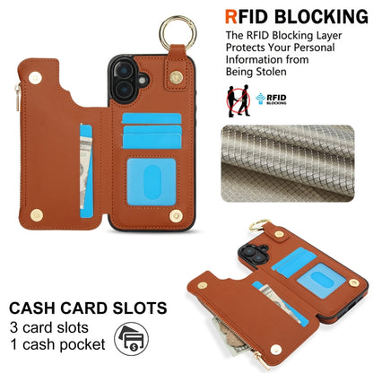 For iPhone 16 Plus RFlD Anti-theft Double Buckle Ring Zipper Card Phone Case(Brown) - iPhone 16 Plus Cases by buy2fix | Online Shopping UK | buy2fix