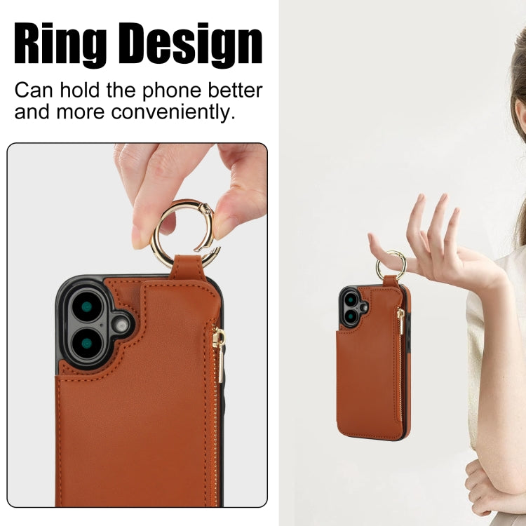 For iPhone 16 Plus RFlD Anti-theft Double Buckle Ring Zipper Card Phone Case(Brown) - iPhone 16 Plus Cases by buy2fix | Online Shopping UK | buy2fix
