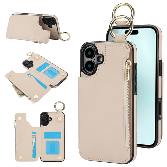 For iPhone 16 RFlD Anti-theft Double Buckle Ring Zipper Card Phone Case(White) - iPhone 16 Cases by buy2fix | Online Shopping UK | buy2fix