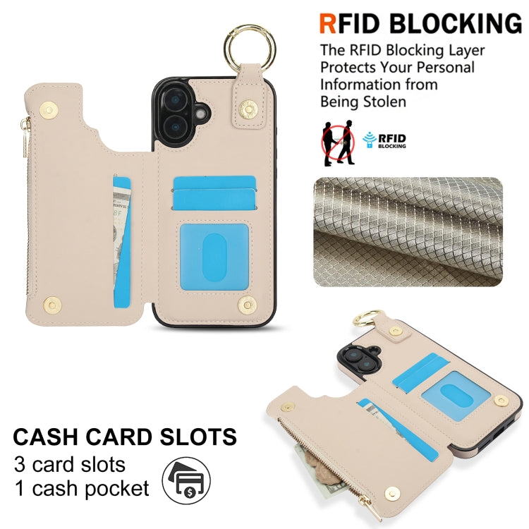 For iPhone 16 RFlD Anti-theft Double Buckle Ring Zipper Card Phone Case(White) - iPhone 16 Cases by buy2fix | Online Shopping UK | buy2fix
