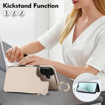 For iPhone 16 RFlD Anti-theft Double Buckle Ring Zipper Card Phone Case(White) - iPhone 16 Cases by buy2fix | Online Shopping UK | buy2fix