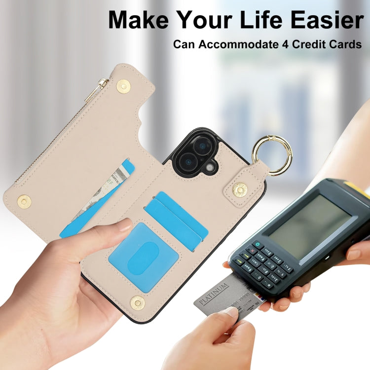 For iPhone 16 RFlD Anti-theft Double Buckle Ring Zipper Card Phone Case(White) - iPhone 16 Cases by buy2fix | Online Shopping UK | buy2fix