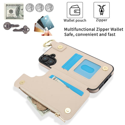 For iPhone 16 RFlD Anti-theft Double Buckle Ring Zipper Card Phone Case(White) - iPhone 16 Cases by buy2fix | Online Shopping UK | buy2fix