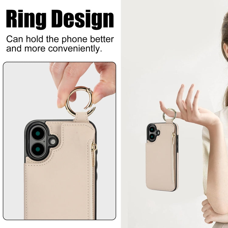 For iPhone 16 RFlD Anti-theft Double Buckle Ring Zipper Card Phone Case(White) - iPhone 16 Cases by buy2fix | Online Shopping UK | buy2fix