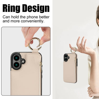 For iPhone 16 RFlD Anti-theft Double Buckle Ring Zipper Card Phone Case(White) - iPhone 16 Cases by buy2fix | Online Shopping UK | buy2fix