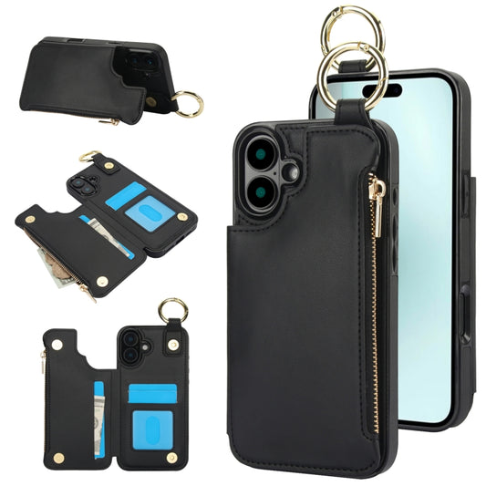 For iPhone 16 RFlD Anti-theft Double Buckle Ring Zipper Card Phone Case(Black) - iPhone 16 Cases by buy2fix | Online Shopping UK | buy2fix