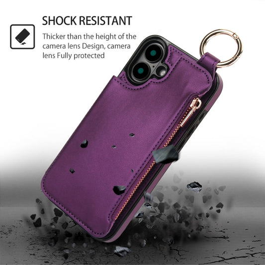 For iPhone 16 RFlD Anti-theft Double Buckle Ring Zipper Card Phone Case(Dark Purple) - iPhone 16 Cases by buy2fix | Online Shopping UK | buy2fix