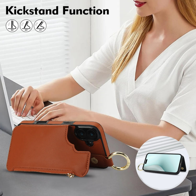 For iPhone 16 RFlD Anti-theft Double Buckle Ring Zipper Card Phone Case(Brown) - iPhone 16 Cases by buy2fix | Online Shopping UK | buy2fix