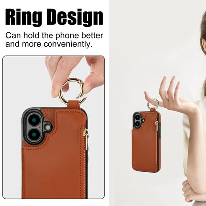 For iPhone 16 RFlD Anti-theft Double Buckle Ring Zipper Card Phone Case(Brown) - iPhone 16 Cases by buy2fix | Online Shopping UK | buy2fix