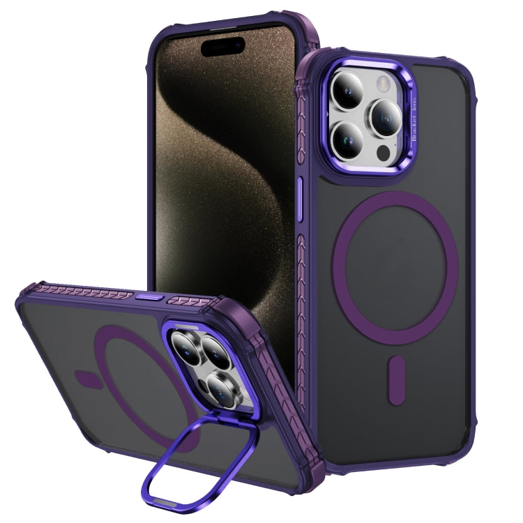 For iPhone 15 Pro Rainbow Series Skin Feel MagSafe Lens Holder Phone Case(Dark Purple) - iPhone 15 Pro Cases by buy2fix | Online Shopping UK | buy2fix