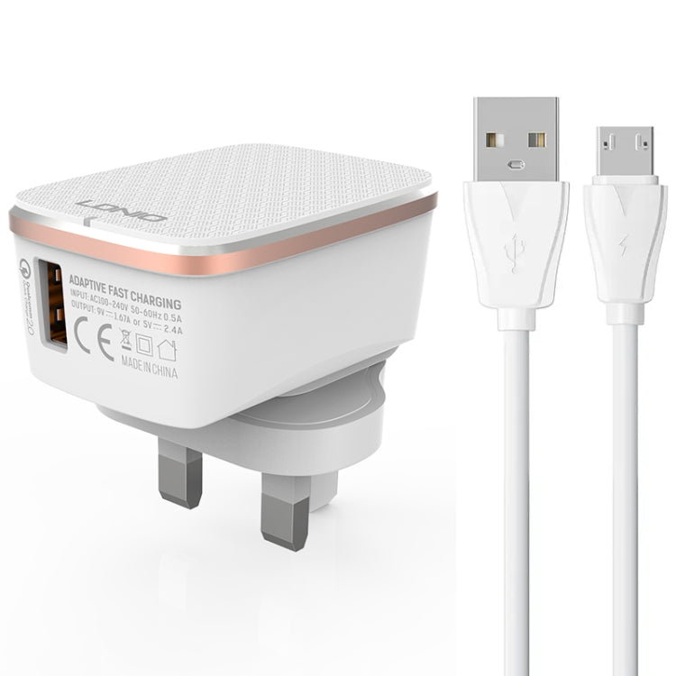 LDNIO A1204Q QC3.0 18W USB Fast Charger with 1m USB to Micro USB Cable, Plug Type:UK Plug(White Gold) - USB Charger by LDNIO | Online Shopping UK | buy2fix