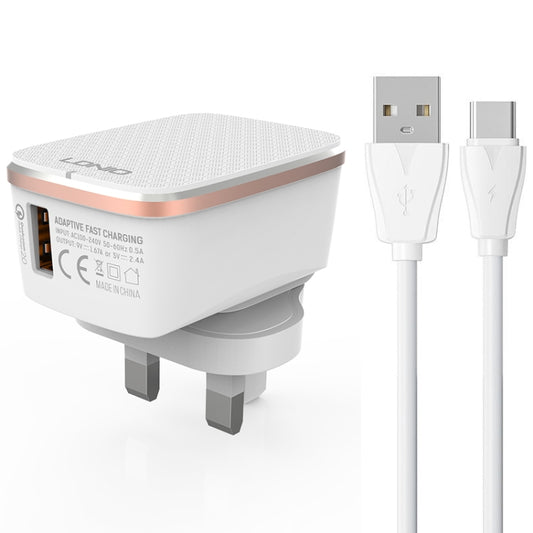 LDNIO A1204Q QC3.0 18W USB Fast Charger with 1m USB to USB-C / Type-C Cable, Plug Type:UK Plug(White Gold) - USB Charger by LDNIO | Online Shopping UK | buy2fix