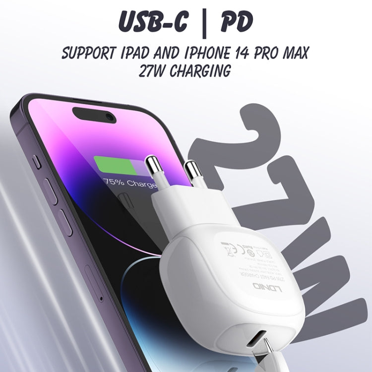 LDNIO A1206C PD27W USB-C / Type-C Fast Charger with 1m Type-C Cable, Plug Type:EU Plug(White) - USB Charger by LDNIO | Online Shopping UK | buy2fix