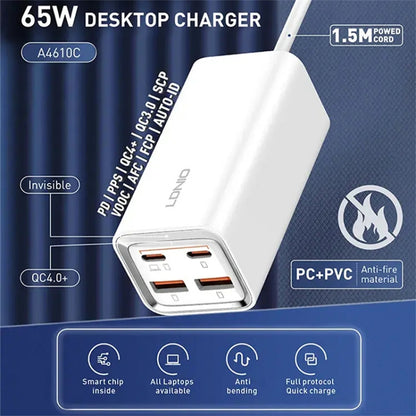 LDNIO A4610C PD65W Dual USB-C / Type-C + Dual USB Fast Charger, Cable Length: 1.5m, Plug Type:UK Plug(White) - USB Charger by LDNIO | Online Shopping UK | buy2fix