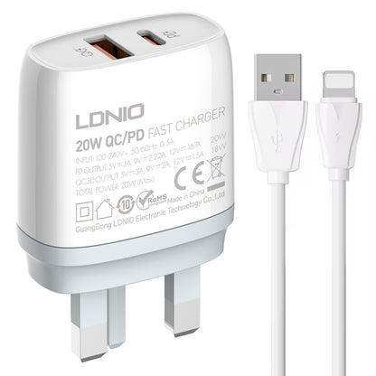 LDNIO Q229 QC3.0 / PD20W USB + Type-C Fast Charger with 1m USB to 8 Pin Cable, Plug Type:UK Plug(White) - USB Charger by LDNIO | Online Shopping UK | buy2fix