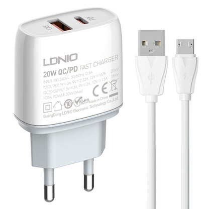 LDNIO Q229 QC3.0 / PD20W USB + Type-C Fast Charger with 1m USB to Micro USB Cable, Plug Type:EU Plug(White) - USB Charger by LDNIO | Online Shopping UK | buy2fix