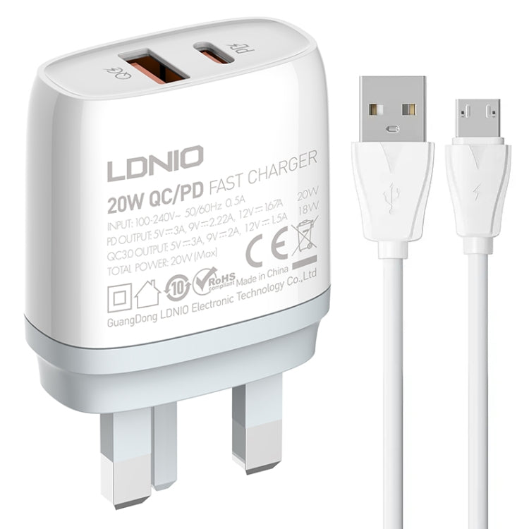 LDNIO Q229 QC3.0 / PD20W USB + Type-C Fast Charger with 1m USB to Micro USB Cable, Plug Type:UK Plug(White) - USB Charger by LDNIO | Online Shopping UK | buy2fix