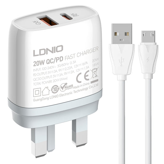 LDNIO Q229 QC3.0 / PD20W USB + Type-C Fast Charger with 1m USB to Micro USB Cable, Plug Type:UK Plug(White) - USB Charger by LDNIO | Online Shopping UK | buy2fix