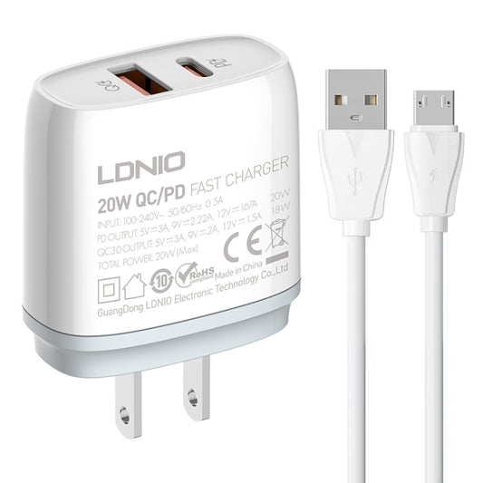 LDNIO Q229 QC3.0 / PD20W USB + Type-C Fast Charger with 1m USB to Micro USB Cable, Plug Type:US Plug(White) - USB Charger by LDNIO | Online Shopping UK | buy2fix