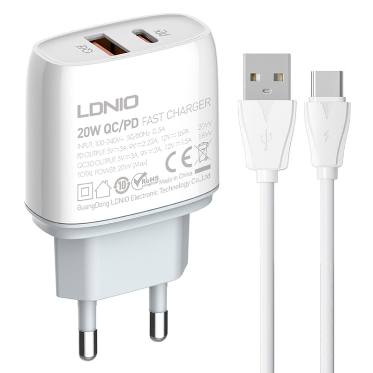 LDNIO Q229 QC3.0 / PD20W USB + Type-C Fast Charger with 1m USB to Type-C Cable, Plug Type:EU Plug(White) - USB Charger by LDNIO | Online Shopping UK | buy2fix